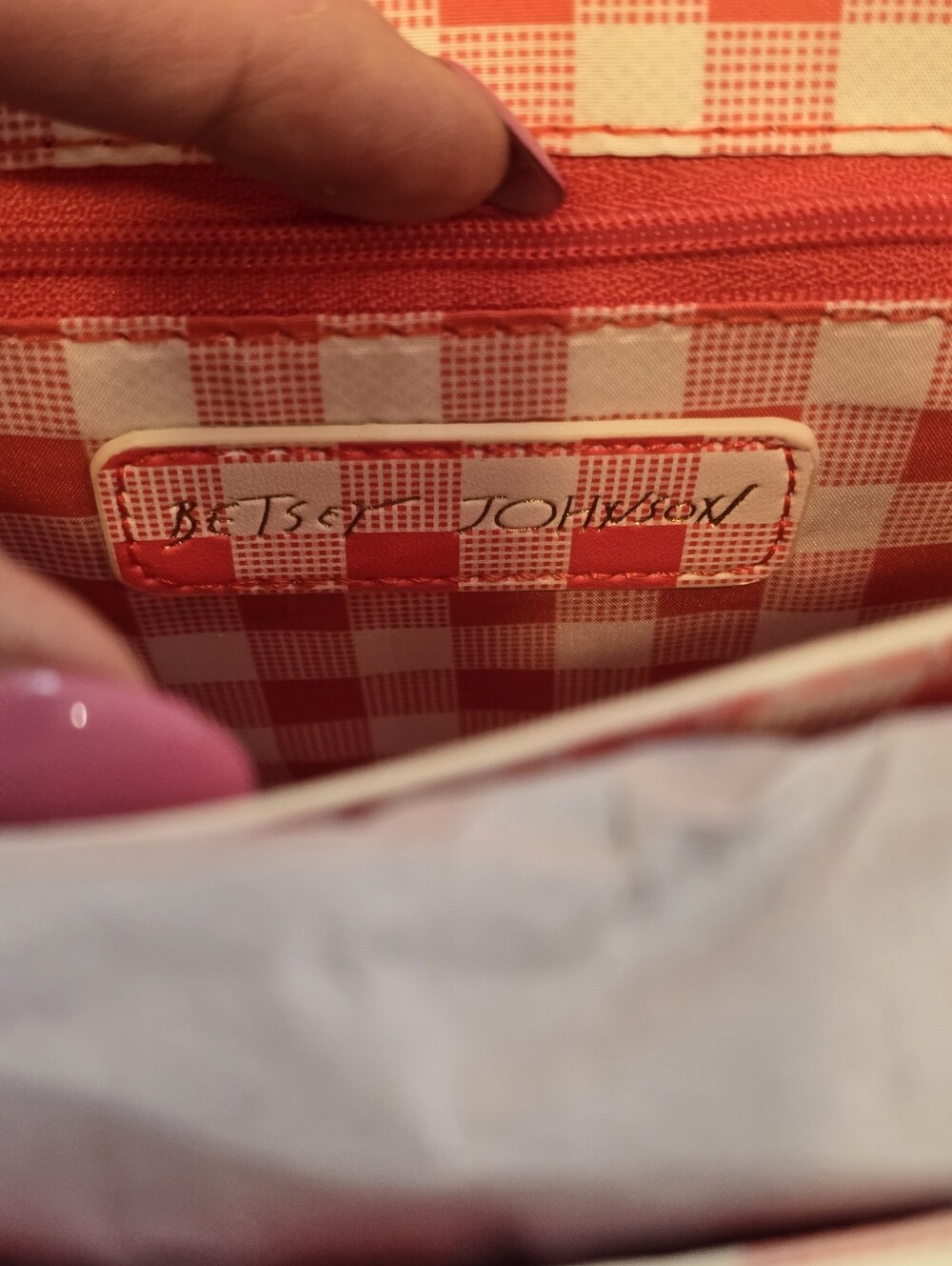 Betsey Johnson Strawberry Gingham Red White Crossbody Handbag - Picture 12 of 12
